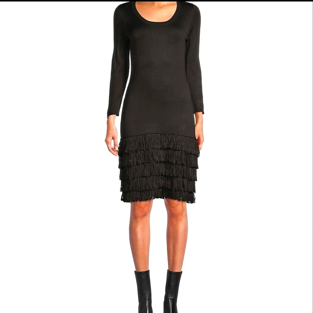 Calvin Klein wool blend black sweater dress looped fringe bottom Small S